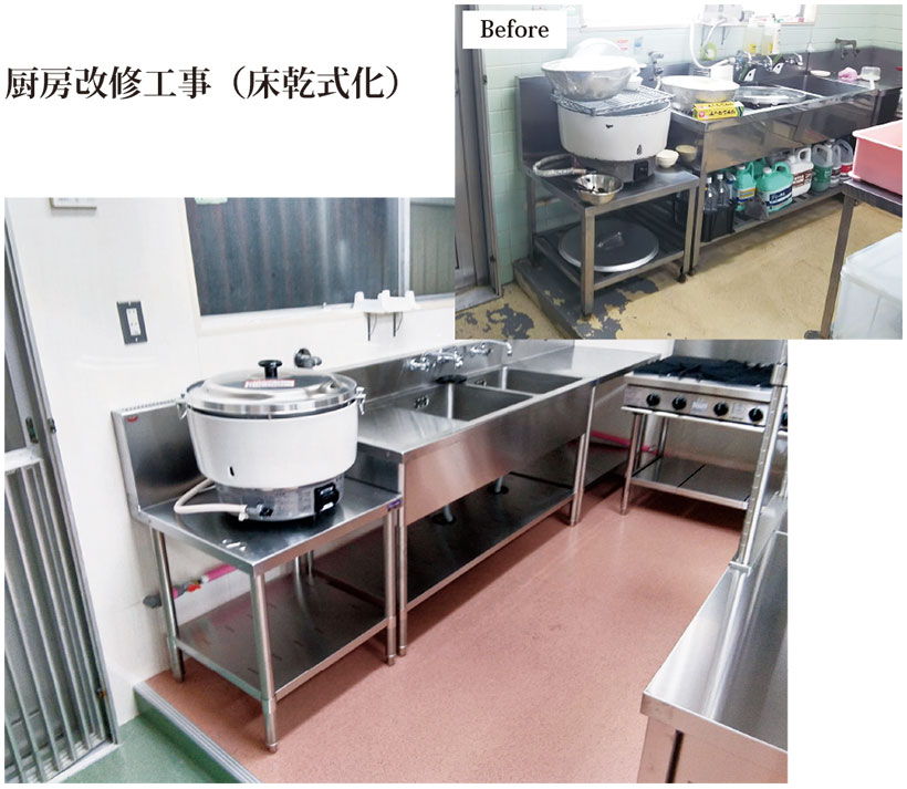 厨房改修工事（床乾式化） 改修前と改修後 使用品目：厨房用長尺シート、メラミン不燃化粧板、食器洗浄機導入、調理台、シンク、ガステーブル、炊飯器等