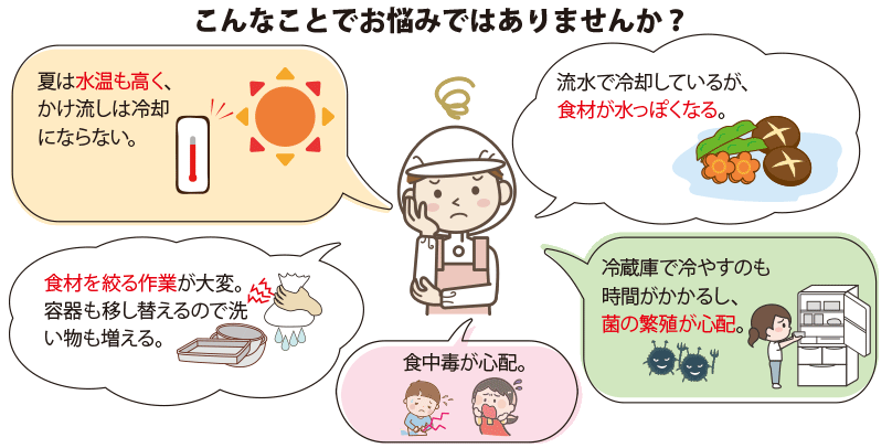夏は水温も高く、かけ流しは冷却にならない。流水で冷却しているが、食材が水っぽくなる。食材を絞る作業が大変。容器も移し替えるので洗い物も増える。冷蔵庫で冷やすのも時間がかかるし、菌の繁殖が心配。食中毒が心配。